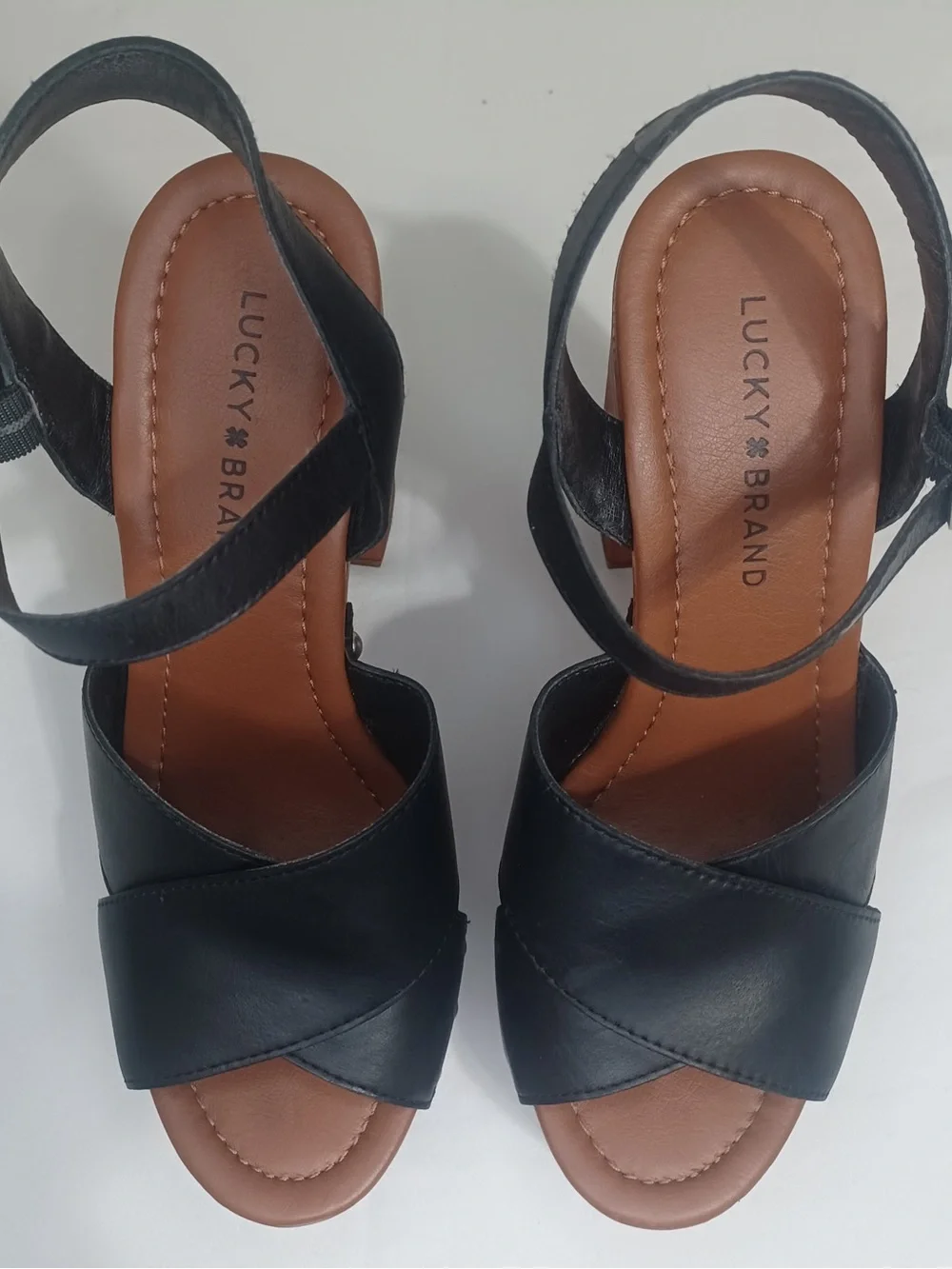 Lucky Brand Black Leather Platform Sandals with Wood Block Heel